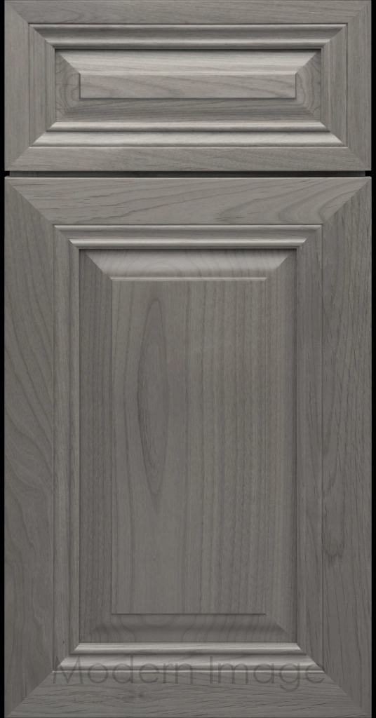 Close-up of a Pewter-stained wood cabinet door with a mitered frame and traditional Cambridge raised center panel.